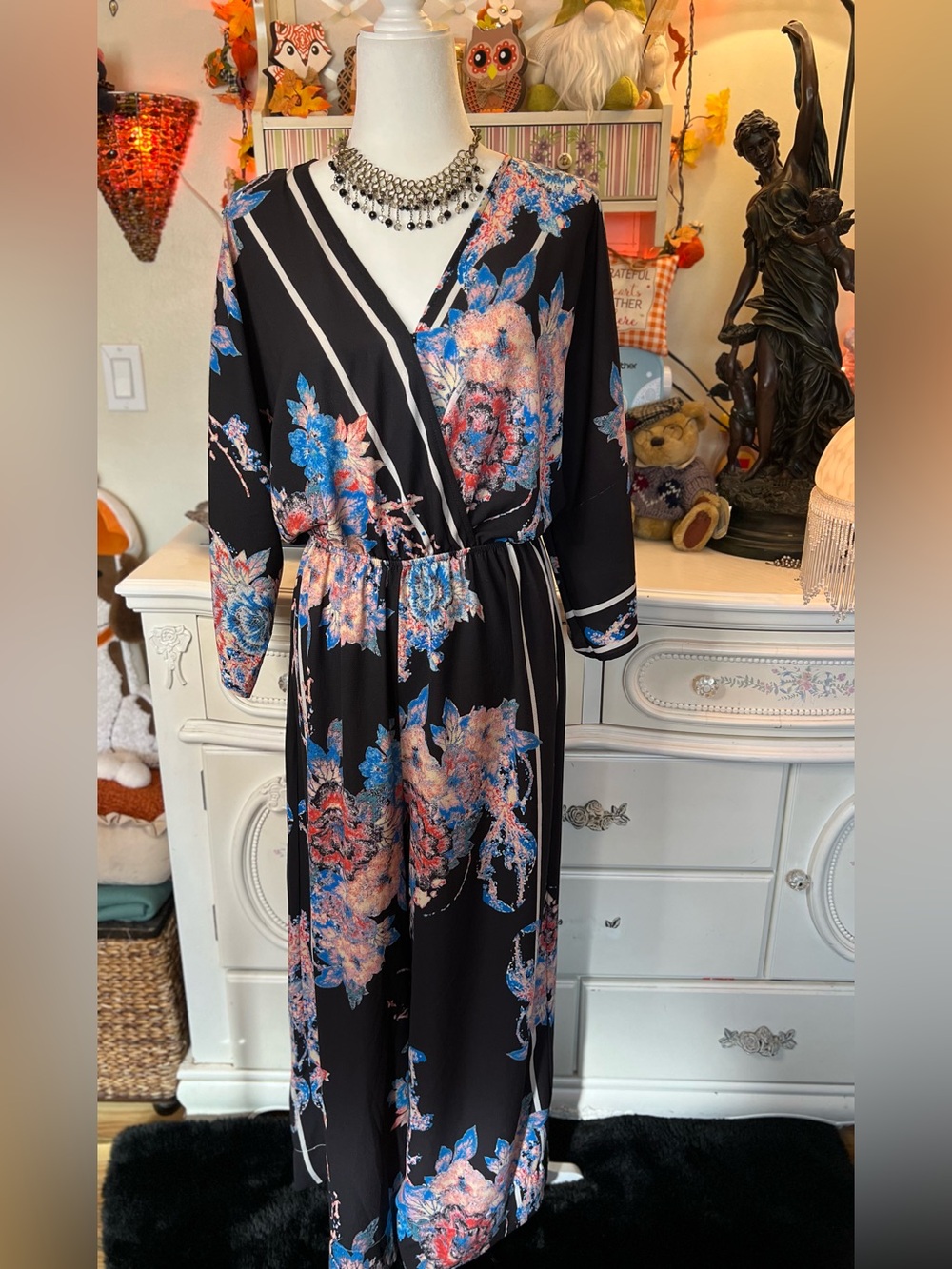 Black Floral Wrap Jumpsuit with Blue & Pink Accents